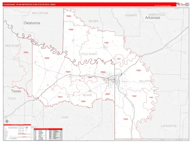 Texarkana Metro Area ZIP Code Wall Map, RedLine style