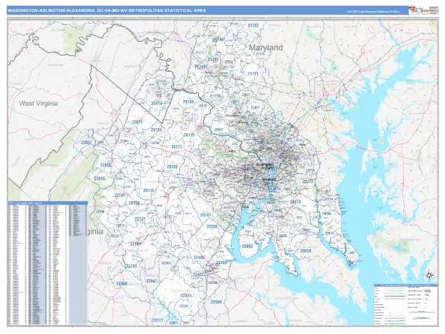 Washington-Arlington-Alexandria Metro Area ZIP Code Wall Map, Business Reference style