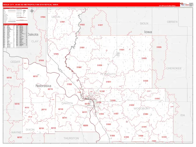 Sioux City Metro Area ZIP Code Wall Map, RedLine style