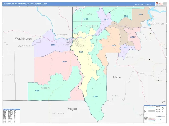 Lewiston Metro Area ZIP Code Wall Map, ColorCast style