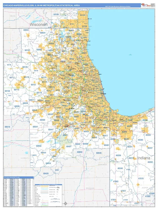 Chicago-Naperville-Elgin Metro Area ZIP Code Wall Map, Business Reference style