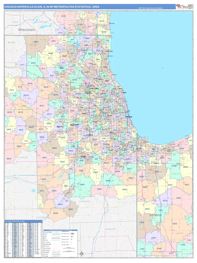 Chicago-Naperville-Elgin Metro Area ZIP Code Wall Map, ColorCast style