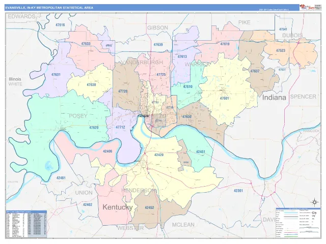 Evansville Metro Area ZIP Code Wall Map, ColorCast style