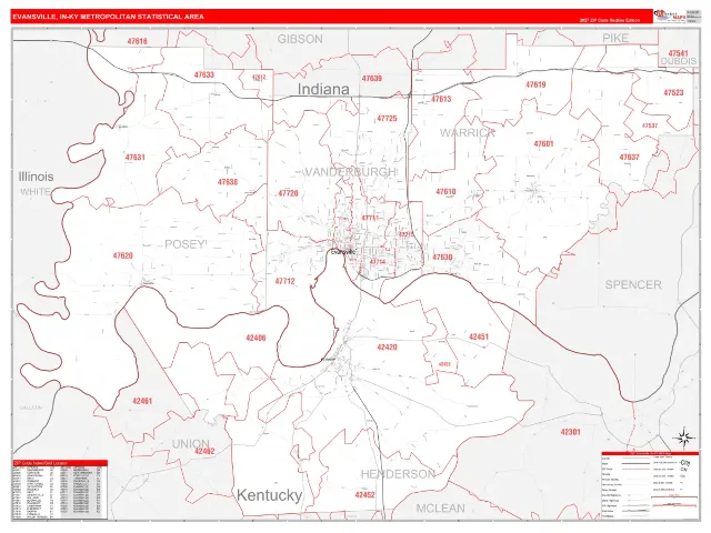 Evansville Metro Area ZIP Code Wall Map, RedLine style