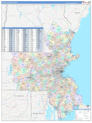 Boston-Cambridge-Newton Metro Area ColorCast style ZIP Code wall map