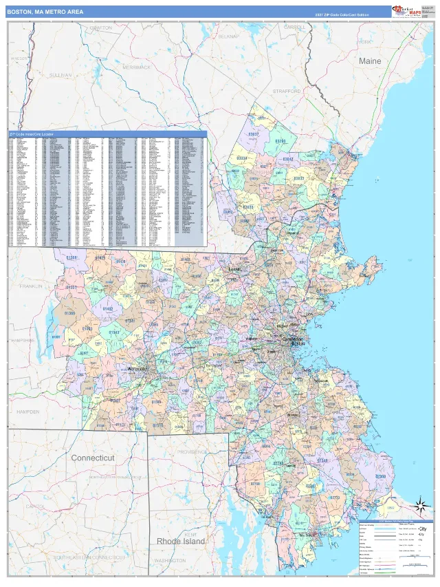 Boston-Cambridge-Newton Metro Area ZIP Code Wall Map, ColorCast style
