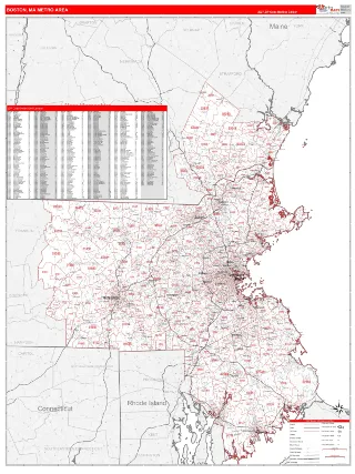 Boston-Cambridge-Newton Metro Area RedLine style ZIP Code wall map