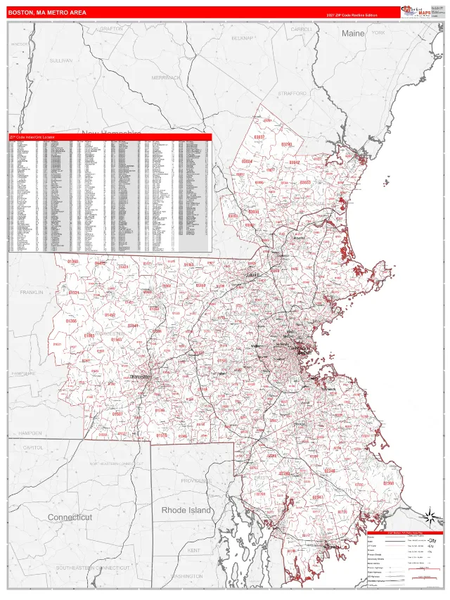 Boston-Cambridge-Newton Metro Area ZIP Code Wall Map, RedLine style