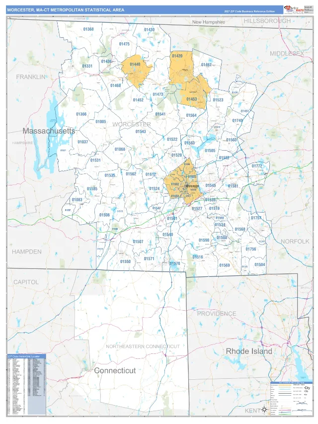 Worcester Metro Area ZIP Code Wall Map, Business Reference style