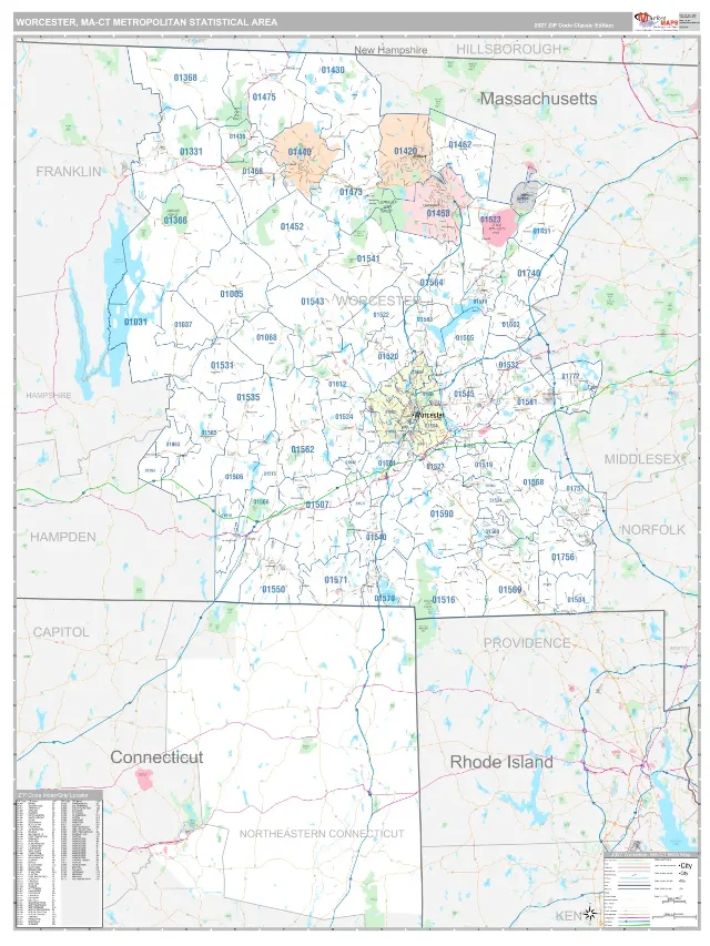 Worcester Metro Area ZIP Code Wall Map, Classic style