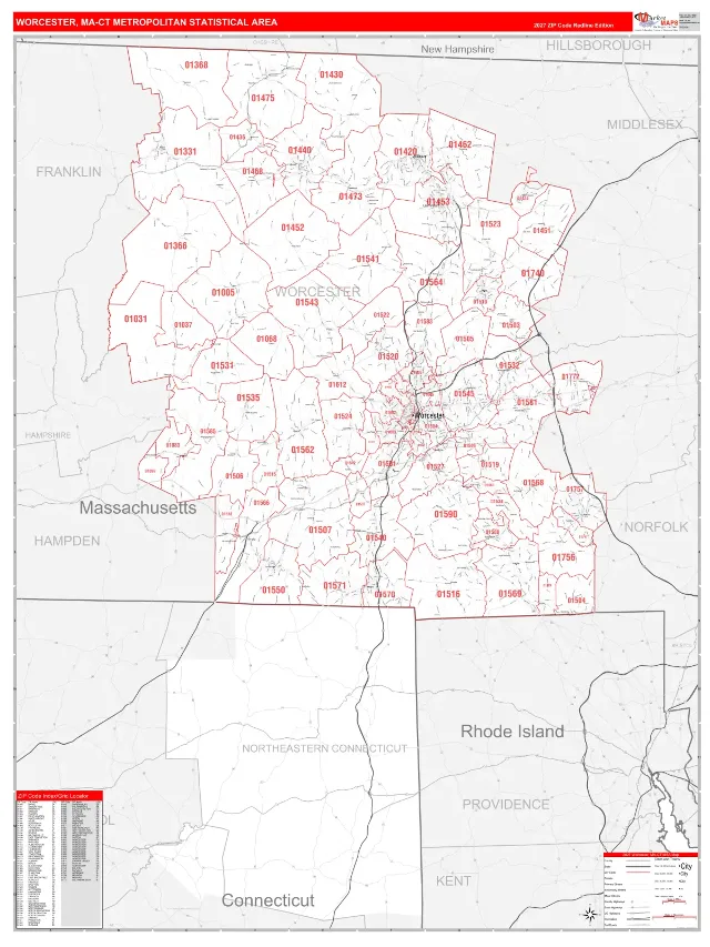Worcester Metro Area ZIP Code Wall Map, RedLine style