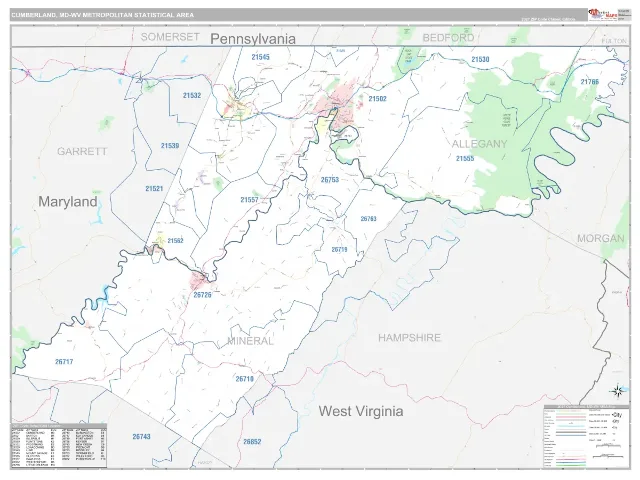 Cumberland Metro Area ZIP Code Wall Map, Classic style