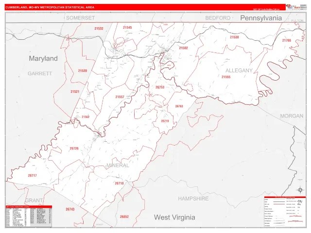 Cumberland Metro Area ZIP Code Wall Map, RedLine style