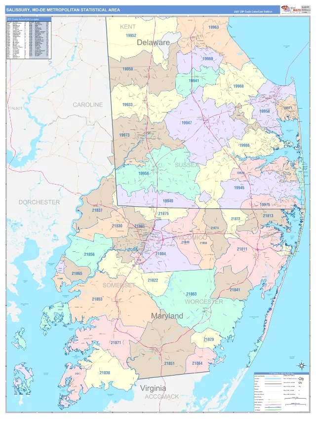 Salisbury Metro Area ZIP Code Wall Map, ColorCast style