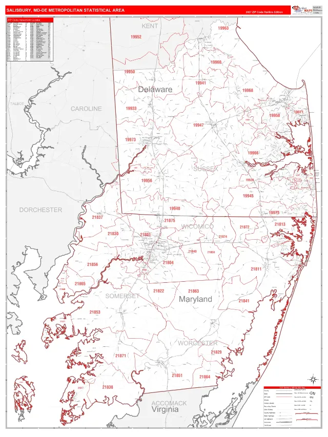 Salisbury Metro Area ZIP Code Wall Map, RedLine style