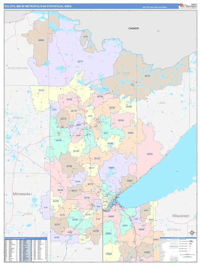 Duluth Metro Area ZIP Code Wall Map, ColorCast style