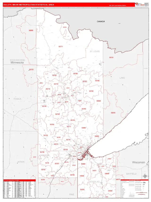 Duluth Metro Area ZIP Code Wall Map, RedLine style