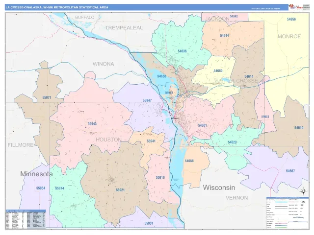 La Crosse-Onalaska Metro Area ZIP Code Wall Map, ColorCast style