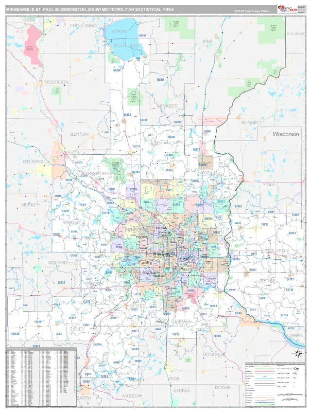Minneapolis-St. Paul-Bloomington Metro Area ZIP Code Wall Map, Classic style