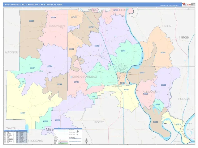 Cape Girardeau Metro Area ZIP Code Wall Map, ColorCast style