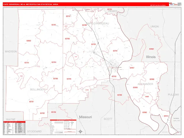 Cape Girardeau Metro Area ZIP Code Wall Map, RedLine style