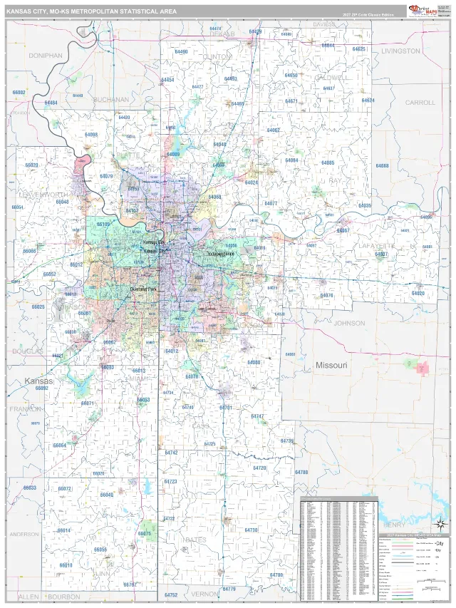 Kansas City Metro Area ZIP Code Wall Map, Classic style