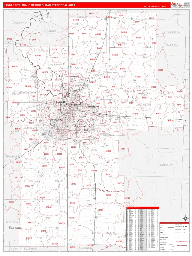 Kansas City Metro Area ZIP Code Wall Map, RedLine style