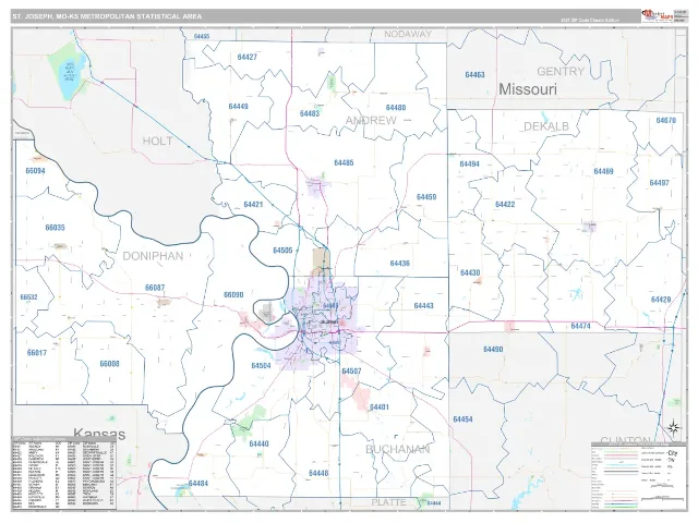 St. Joseph Metro Area ZIP Code Wall Map, Classic style