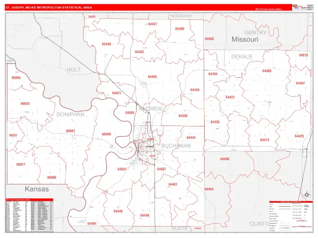 St. Joseph Metro Area ZIP Code Wall Map, RedLine style
