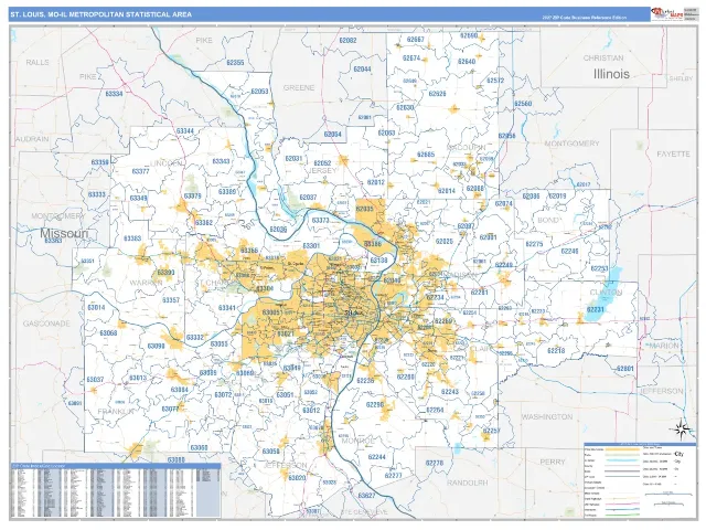 St. Louis Metro Area ZIP Code Wall Map, Business Reference style