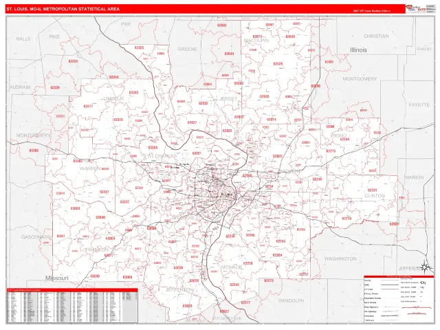 St. Louis Metro Area ZIP Code Wall Map, RedLine style