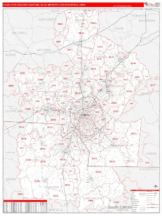 Charlotte-Concord-Gastonia Metro Area RedLine style ZIP Code wall map