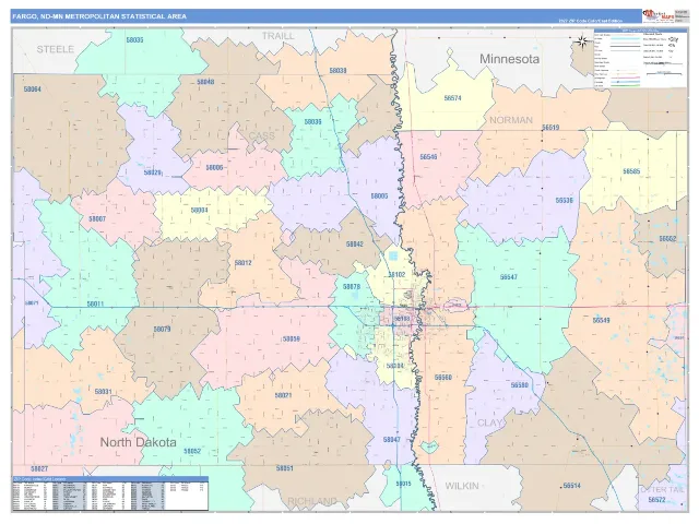 Fargo Metro Area ZIP Code Wall Map, ColorCast style