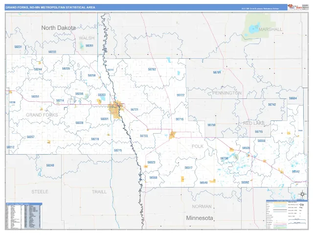 Grand Forks Metro Area ZIP Code Wall Map, Business Reference style