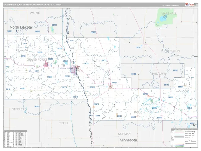 Grand Forks Metro Area ZIP Code Wall Map, Classic style