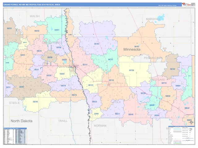 Grand Forks Metro Area ZIP Code Wall Map, ColorCast style