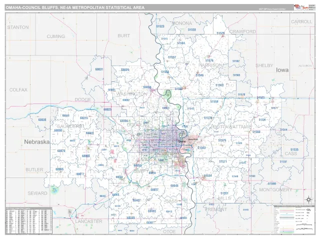 Omaha-Council Bluffs Metro Area ZIP Code Wall Map, Classic style