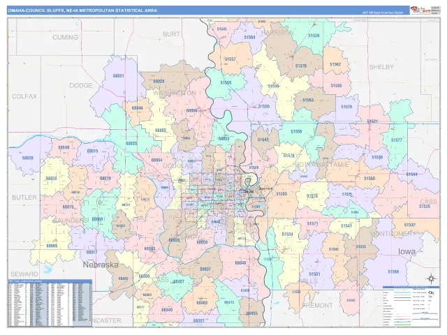 Omaha-Council Bluffs Metro Area ZIP Code Wall Map, ColorCast style