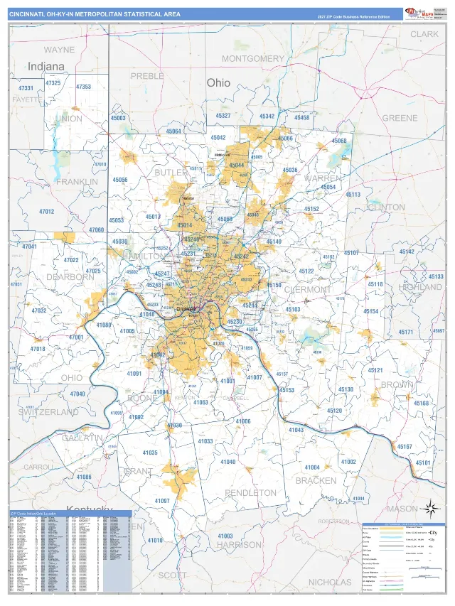 Cincinnati Metro Area ZIP Code Wall Map, Business Reference style
