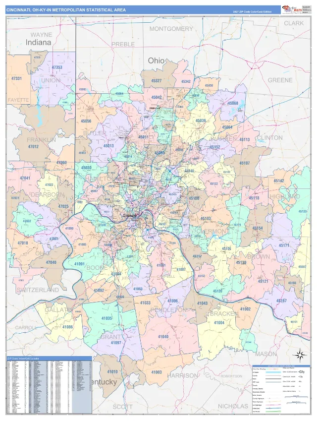 Cincinnati Metro Area ZIP Code Wall Map, ColorCast style