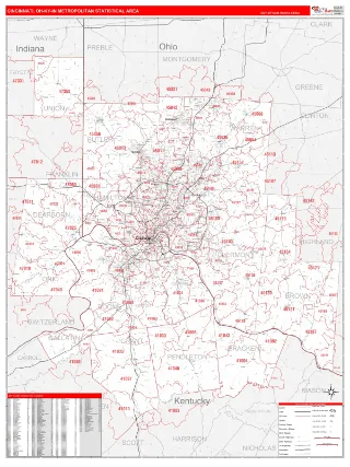 Cincinnati Metro Area RedLine style ZIP Code wall map