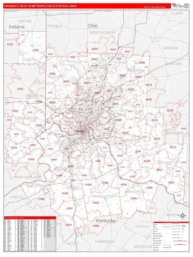 Cincinnati Metro Area ZIP Code Wall Map, RedLine style