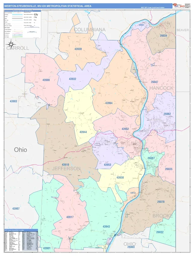 Weirton-Steubenville Metro Area ZIP Code Wall Map, ColorCast style