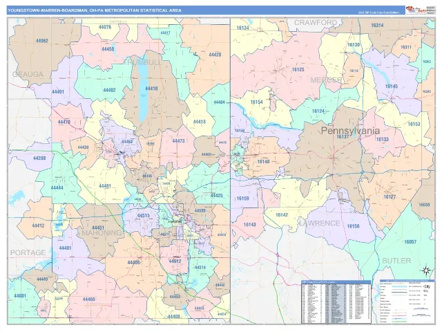Youngstown-Warren-Boardman Metro Area ZIP Code Wall Map, ColorCast style