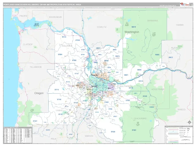 Portland-Vancouver-Hillsboro Metro Area ZIP Code Wall Map, Classic style
