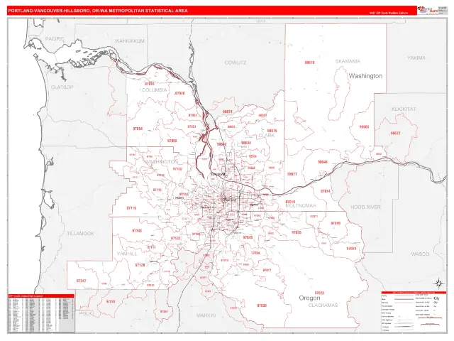 Portland-Vancouver-Hillsboro Metro Area ZIP Code Wall Map, RedLine style