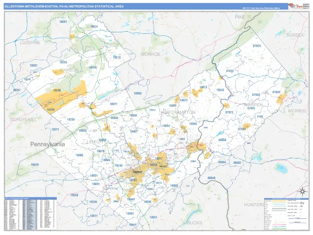 Allentown-Bethlehem-Easton Metro Area ZIP Code Wall Map, Business Reference style