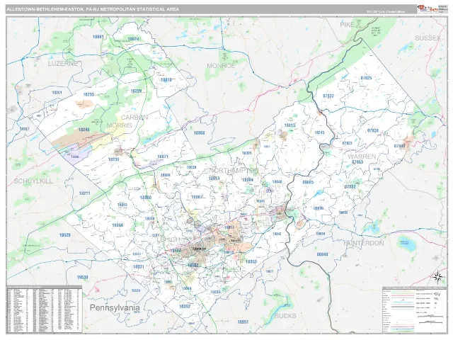 Allentown-Bethlehem-Easton Metro Area ZIP Code Wall Map, Classic style