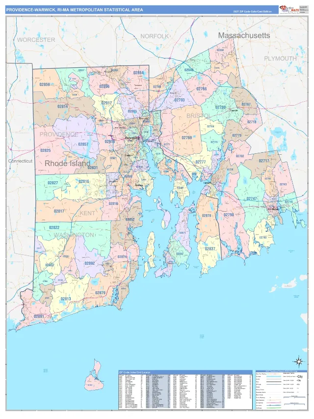 Providence-Warwick Metro Area ZIP Code Wall Map, ColorCast style