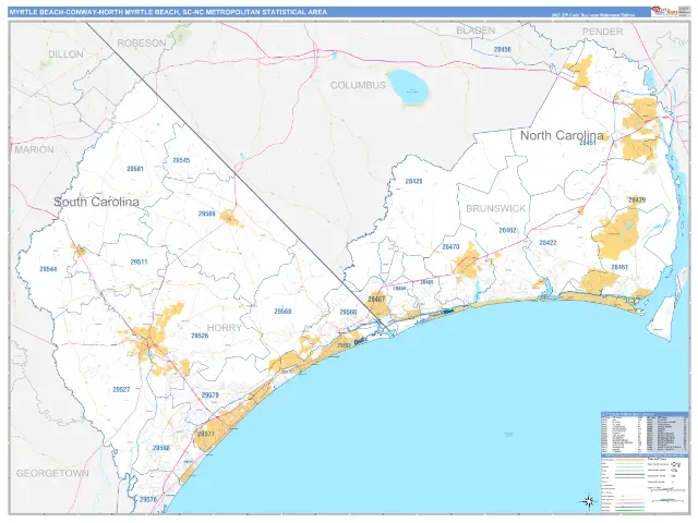 Myrtle Beach-Conway-North Myrtle Beach Metro Area ZIP Code Wall Map, Business Reference style